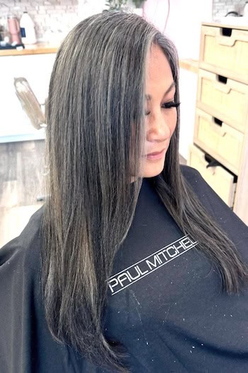 Long Straight Gray Streaks on Dark Hair