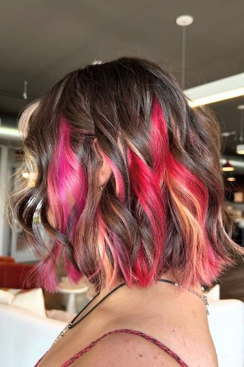 Wavy Medium Bob With Peekaboo Pink Haircut