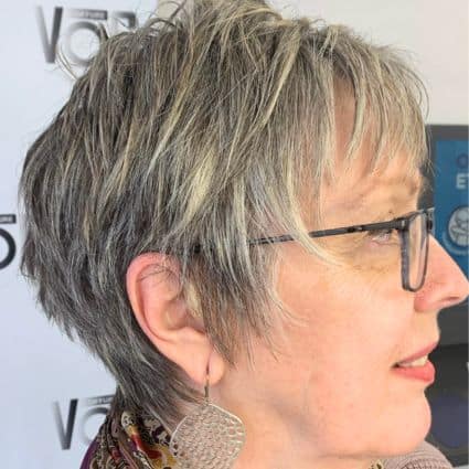 Piecey Pixie with Balayage Highlights Hairstyle, side view.