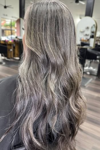 Gray Wavy Highlights on Dark Hair, back view.