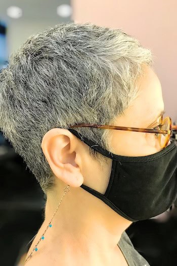 Short Gray Tapered Pixie with Texture Hairstyle, side view.