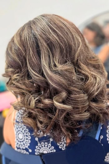 Caramel Gray Curls on Brown Hair, back view.