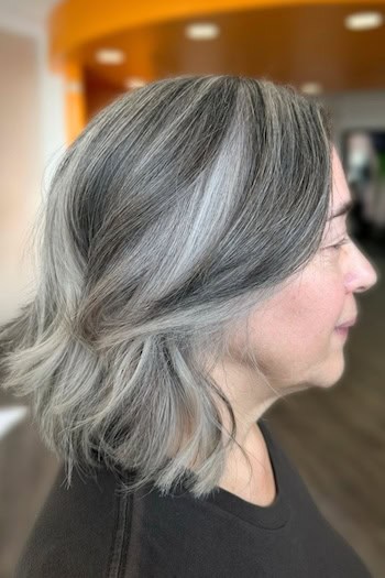 Silver Gray Blended Shoulder-Length Hair, side view.