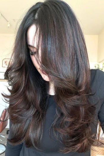 Dark Chocolate Layered Waves Hair Color and Hairstyle