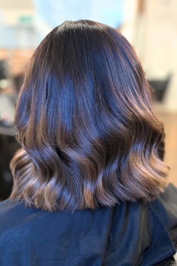 Chocolate Brown Long Bob with Highlighted Tips, back view.