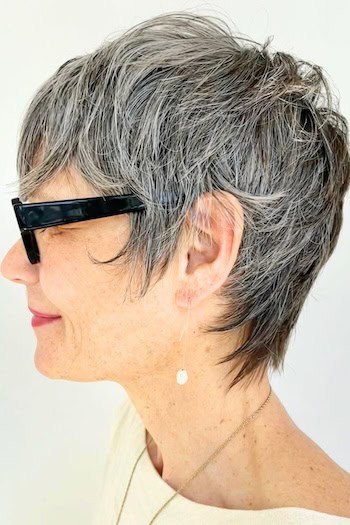 Gray Layered Tapered Pixie Hairstyle, side view.