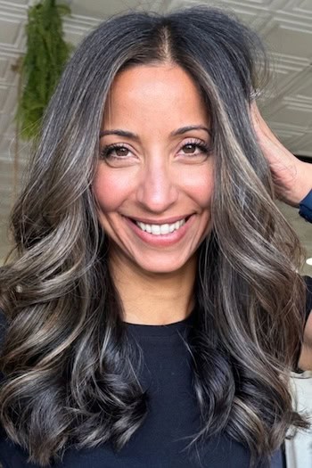 Long Dark Brown Wavy Hair with Gray Highlights