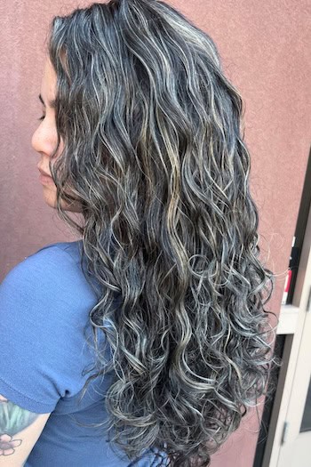 Long Gray Blended Curls Hairstyle, back view.