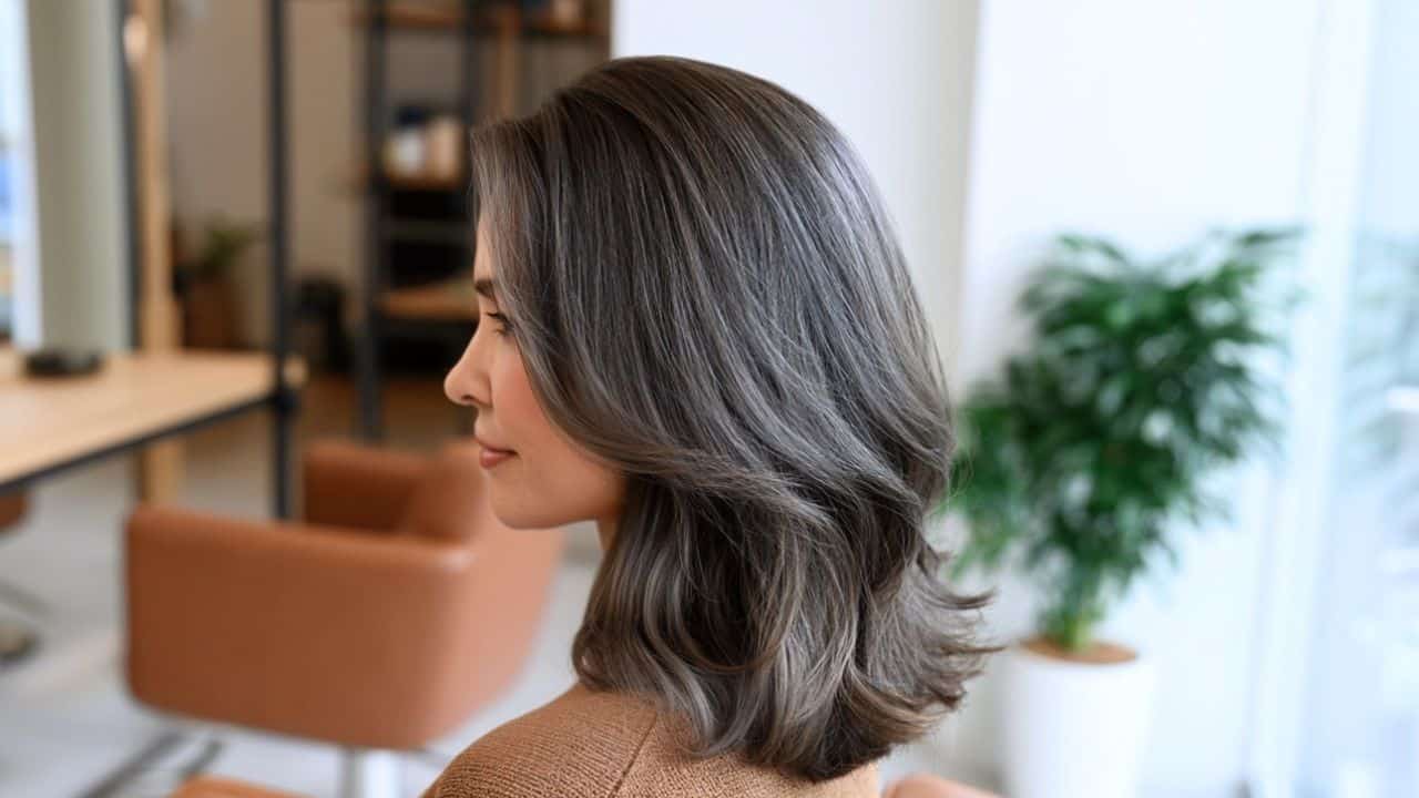 Medium-length gray blended dark brown hair, from the side.