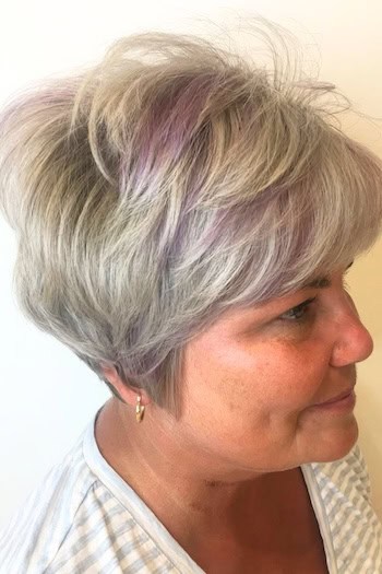 Silver Blend Pixie With Purple Streaks Haircut