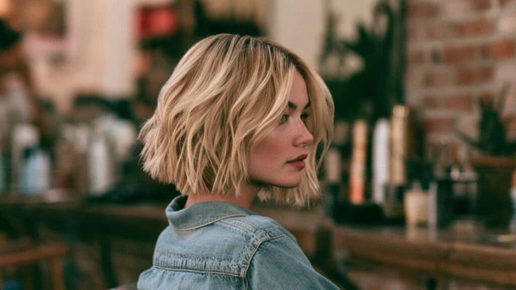 Choppy Bob hairstyle on a woman with blonde hair in hair salon chair.
