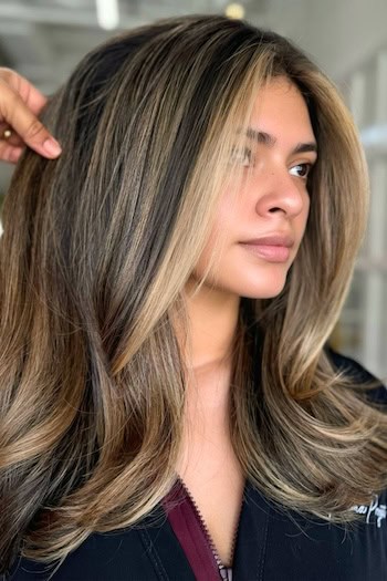 Brunette with Ashy Beige Blonde Highlights Hair Color