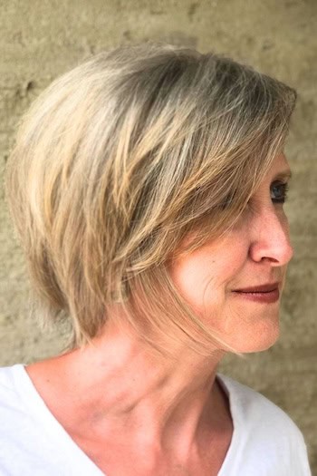 Angled Side-Swept Bob Haircut, side view.