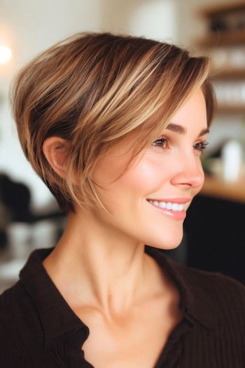 Pixie Bob With Face-Framing Highlights Haircut