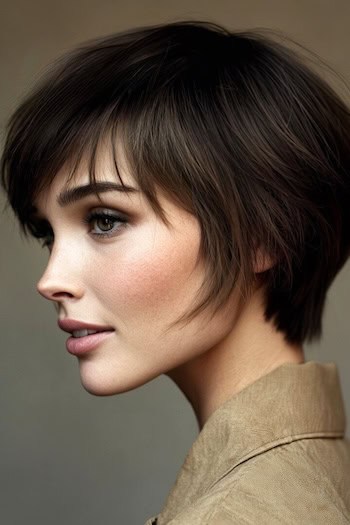 Soft Layered Brunette Pixie Bob Haircut