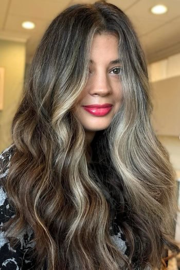 Dark Brunette with Light Blonde Face-Framing Highlights Hair Color