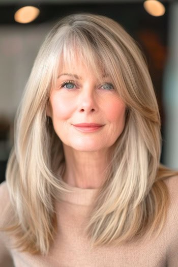 Blonde layers with bangs hairstyle for women over 60 with bangs.