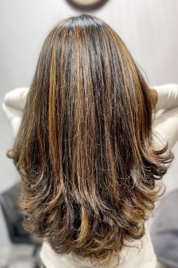 Brunette with Warm Caramel Beige Highlights Hair Color