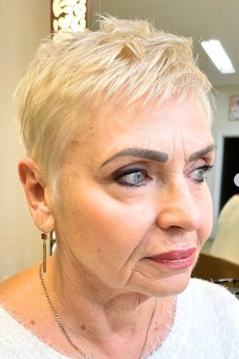 Textured Platinum Pixie with Micro Bangs Haircut