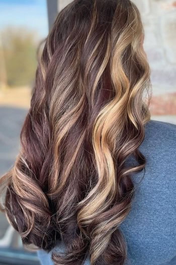 Dark Brunette with Blonde Ribbon Highlights Hair Color