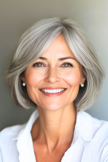 Chin-Length Silver Layered Bob Hairstyle on a smiling older woman with gray hair.