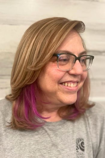Mid-Length Lob with Purple Underlights Haircut
