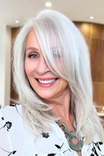 Layered Silver Lob with Long Side-Swept Bangs Haircut