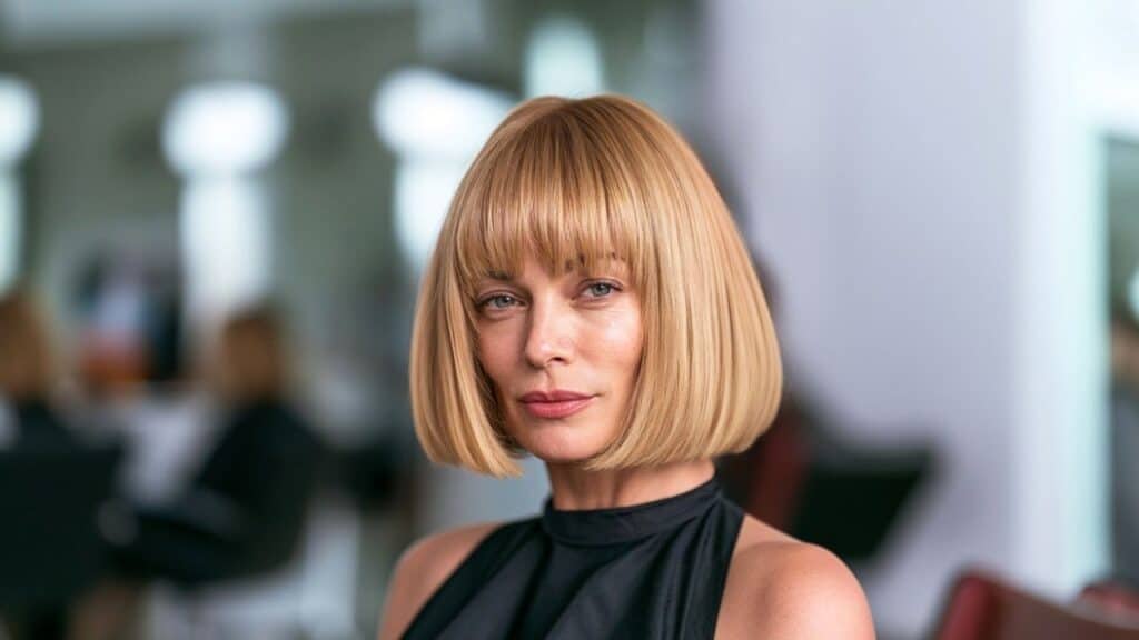 Bob with bangs haircut on a woman in a salon chair.