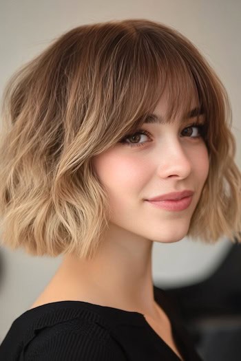 Tousled Wavy Blunt Bob with Bangs