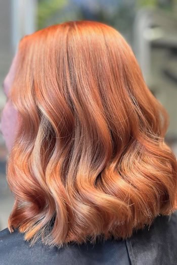 Copper Wavy Lob Hairstyle, back view.