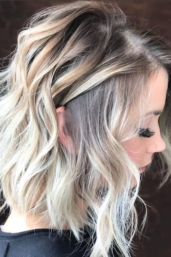 Platinum Wavy Long Bob Hairstyle, side view.