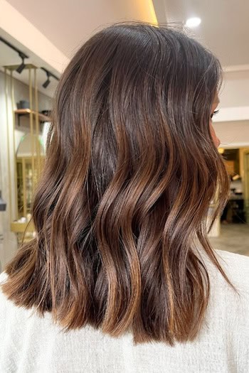 Brunette Long Bob with Subtle Highlights Hairstyle, back view.