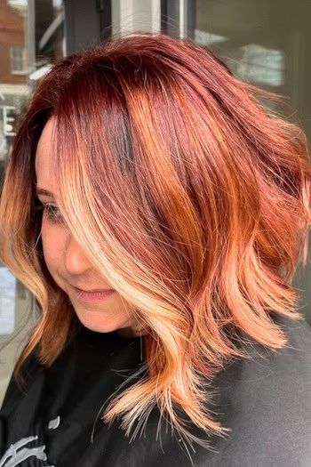 Textured Angled Bob with Money Piece Highlights Haircut