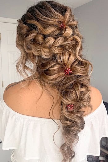 Braided Christmas Hairstyle With Red Bows Hairstyle