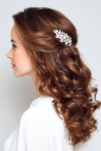 Curly Half Up Hairstyle With Crystal Clip Hairstyle