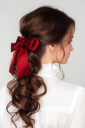Curled Ponytail With Red Ribbon Bow Hairstyle