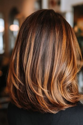 Brunette with Golden Highlighted Caramel Balayage Hair Color