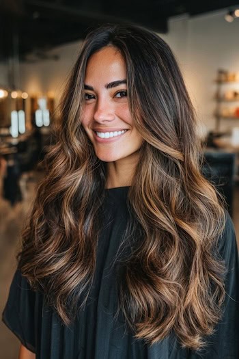 Deep Brunette Caramel Balayage Hair Color