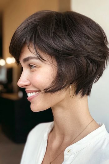 Textured Choppy Bixie with Side-Swept Fringe Haircut