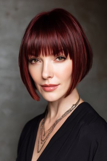Angled Cherry Wine Bob with Bangs