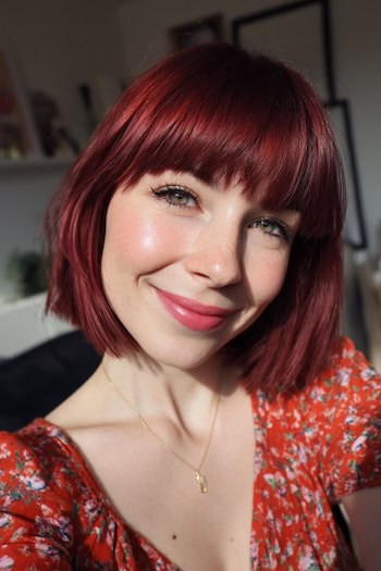 Warm Cherry Red Blunt Bob with Bangs