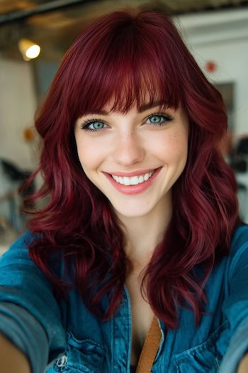 Cherry Red Layered Long Bob with Bangs