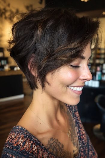 Textured Bixie with Caramel Highlights Haircut