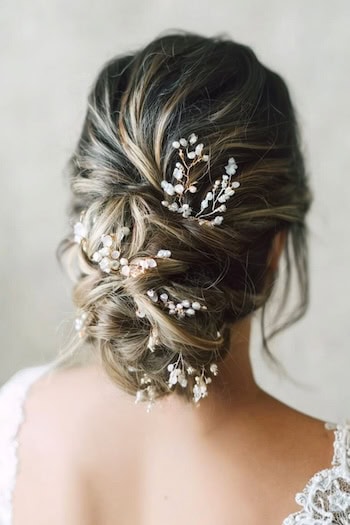 Highlighted Twisted Updo with Floral Pieces Hairstyle