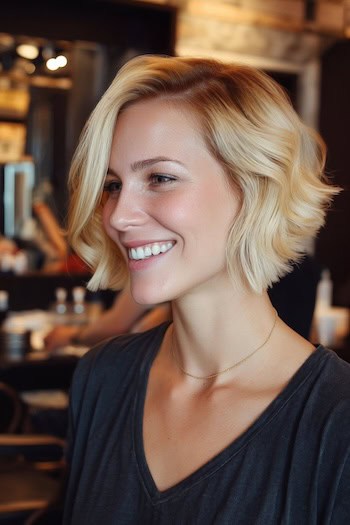 Wavy Blonde Bixie with Blunt Ends Haircut