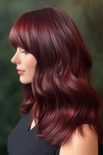 Medium-Length Cherry Red Hair with Full Bangs