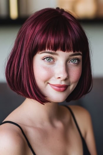 Cool Deep Cherry Red Bob with Bangs