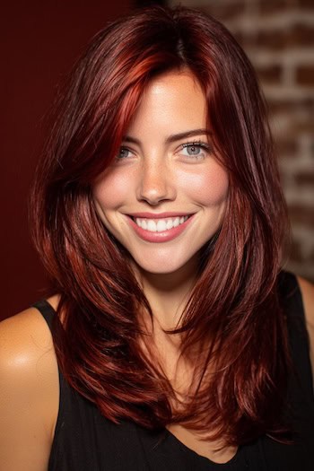 Bright Cherry Red Hair with Face Framing Layers