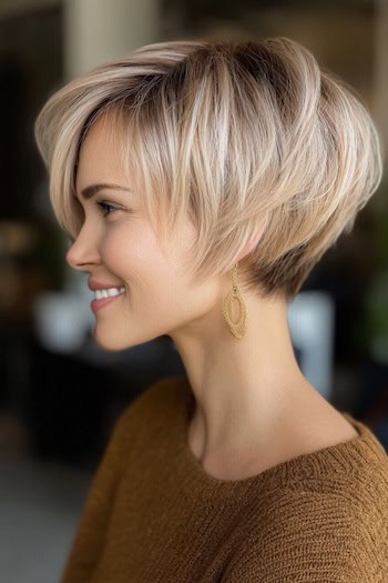 Stacked Bixie with Dark Roots Haircut