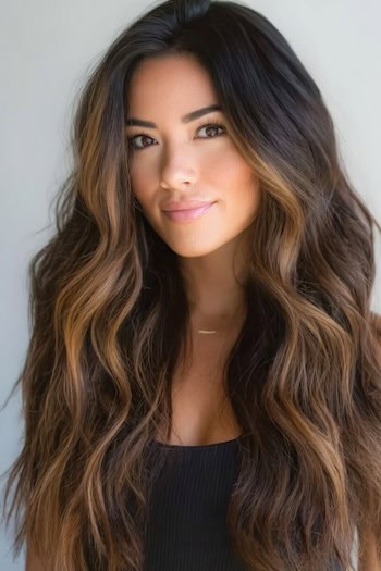 Textured Face-Framing Caramel Balayage Highlights on Long Brunette Hair